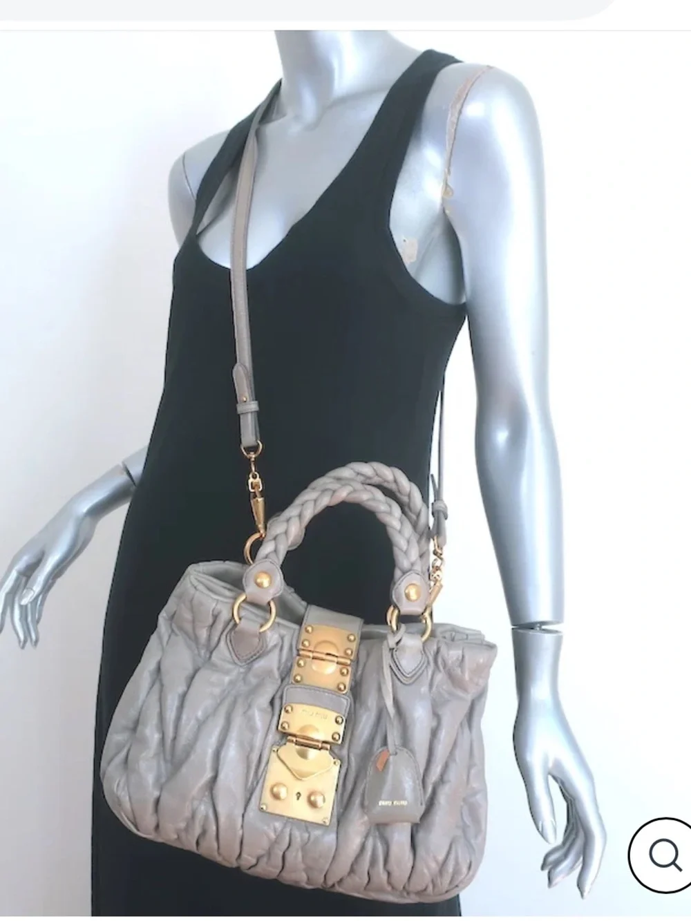 Miu Miu Quilted Pale Beige Leather Satchel with Gold Hardware